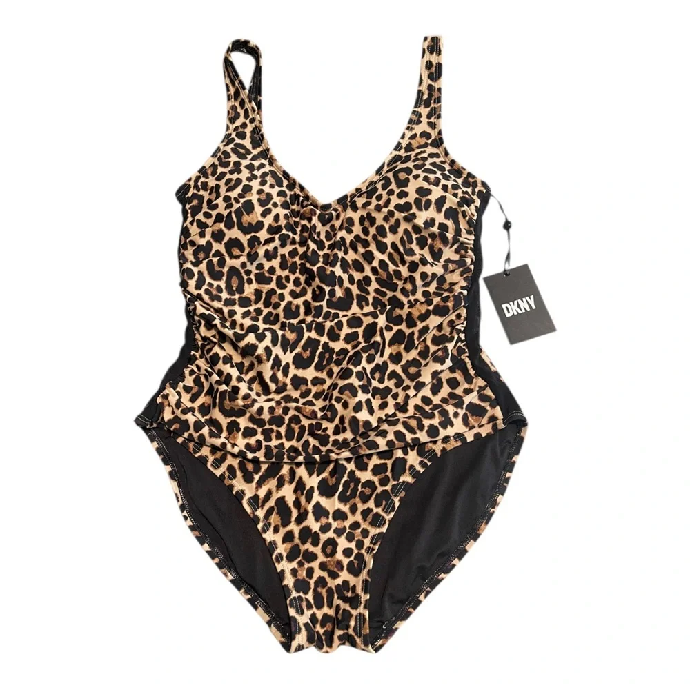 DKNY NEW Animal-Print Ruched One-Piece Swimsuit Mesh Sides Size 10 NWT $98 MSRP - Picture 15 of 15